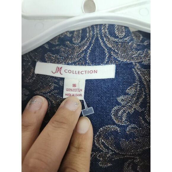 JM Collection Women Dark Blue w/Gold Floral Print Cotton Denim Jacket Blazer 16 - Picture 5 of 9